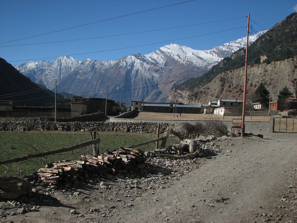 Rural Himalayan village with snow-capped peaks and wooden fences