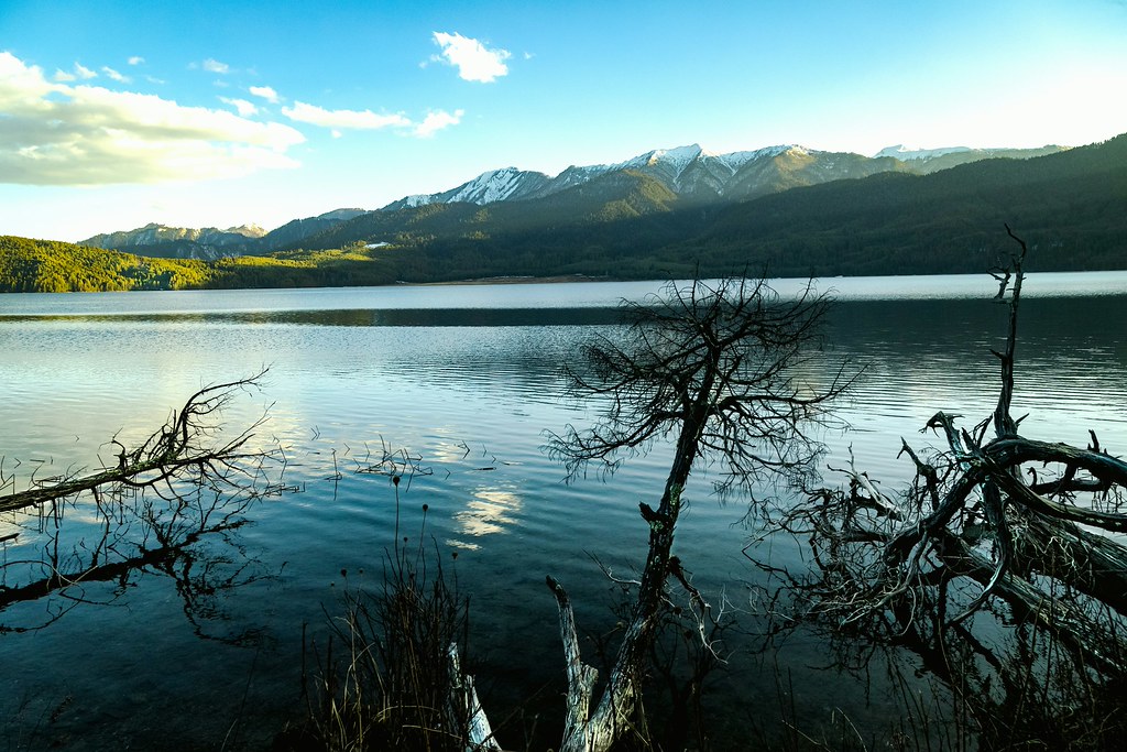 Mountain lake with forested hills and snow peaks
