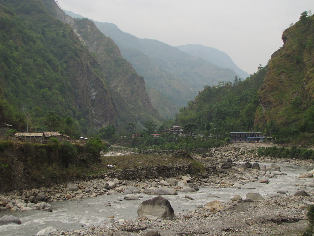 Mountain village along river valley