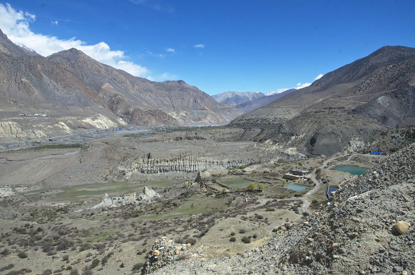 Himalayan valley with rugged terrain and snow peaks